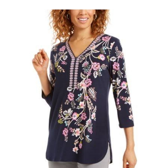 JM Collection Navy Floral Studded Tunic Top - Picture 1 of 11
